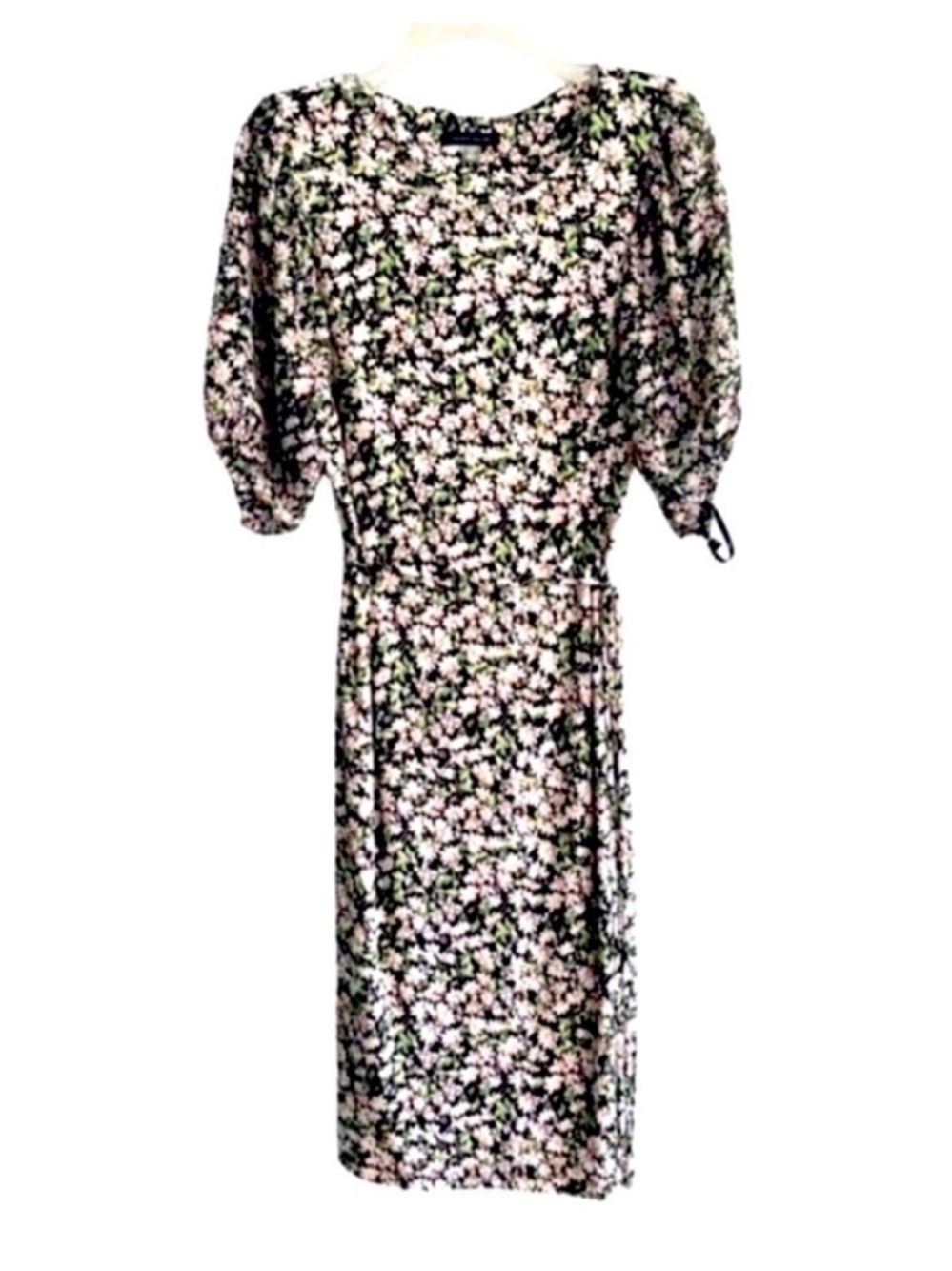 NEW Tommy Hilfiger Tie Waist Midi Dress Chiffon Sleeve Black Green Pink Size 8